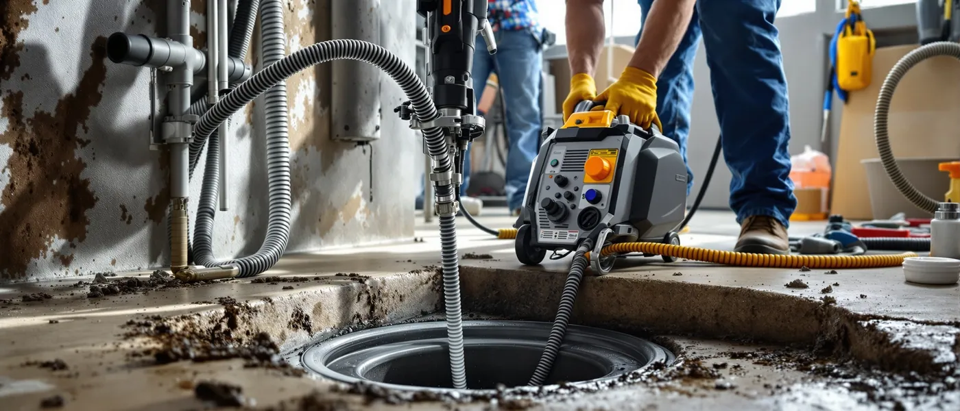 Plombier professionnel utilisant un furet électrique pour déboucher une canalisation au Luxembourg