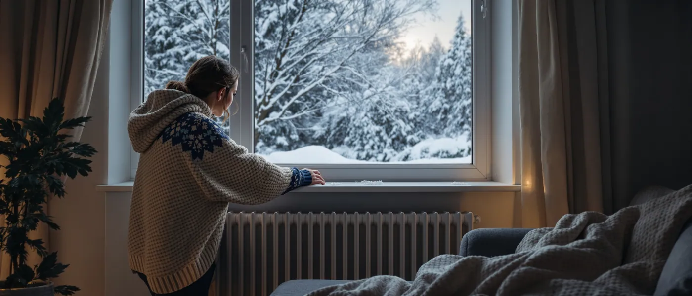 Salon froid avec personne touchant un radiateur éteint devant une fenêtre enneigée au Luxembourg