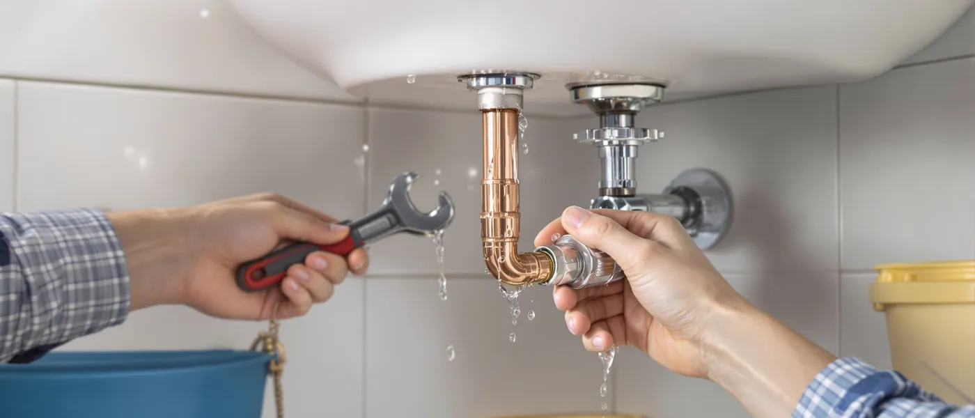 Fuite d'eau sous un lavabo avec les mains fermant une vanne d'arrêt au Luxembourg