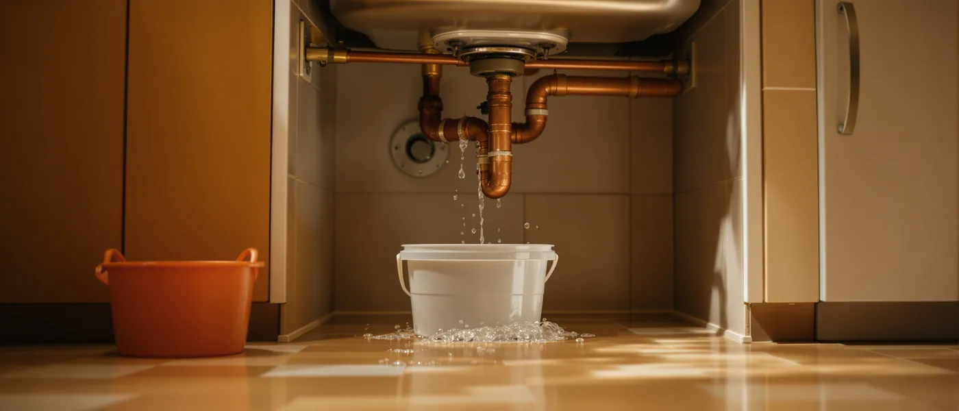 Fuite d'eau sous un évier de cuisine avec seau de récupération au Luxembourg