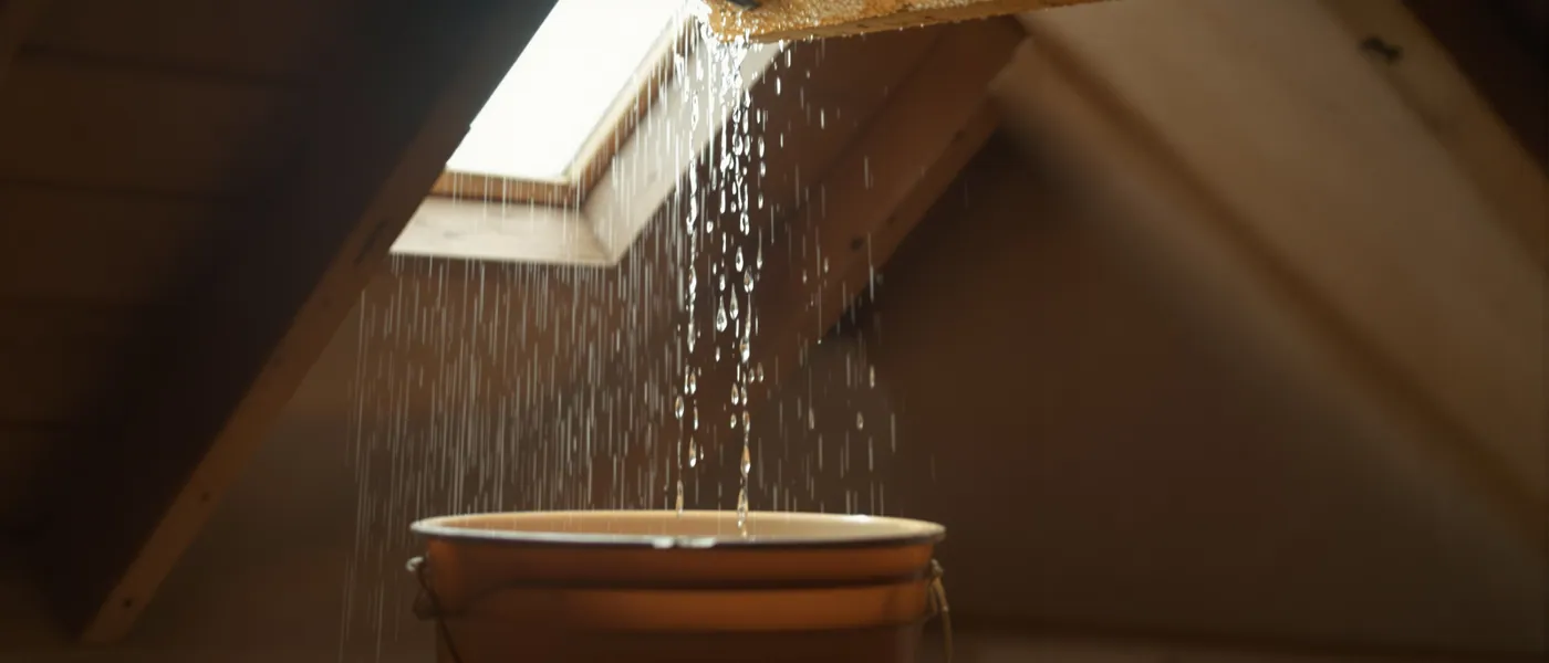 Infiltration d'eau par le toit avec tache au plafond et seau dans les combles au Luxembourg