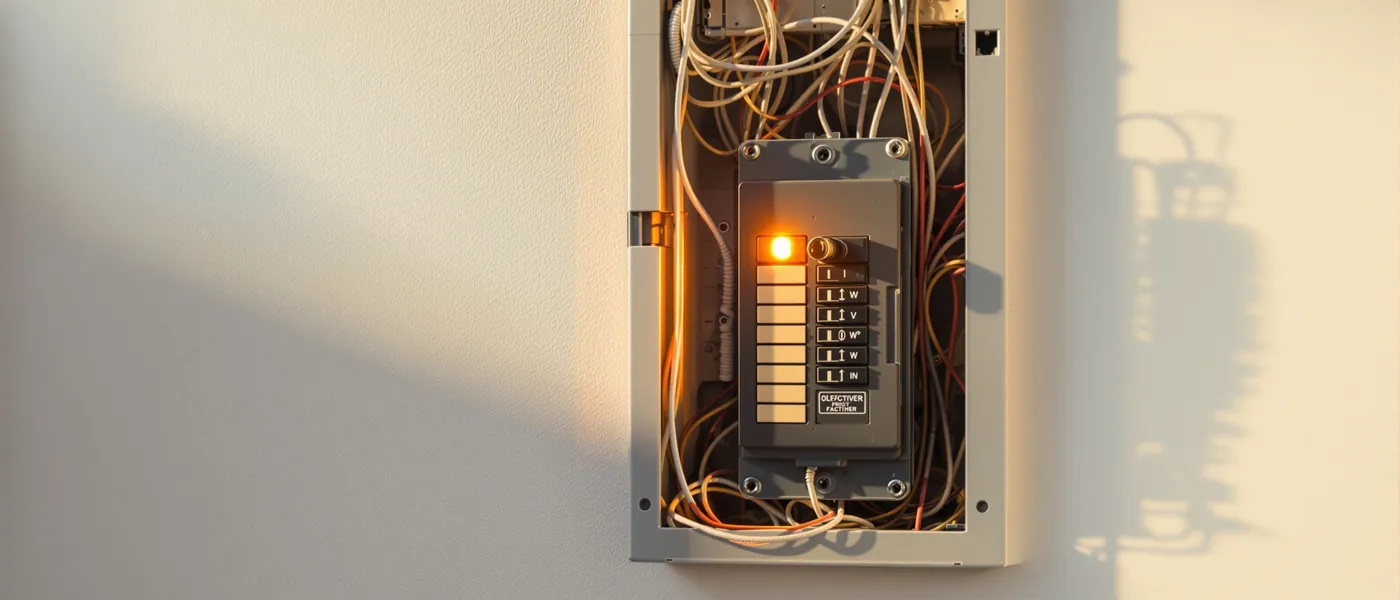 Main pointant un tableau électrique résidentiel avec disjoncteurs différenciés au Luxembourg