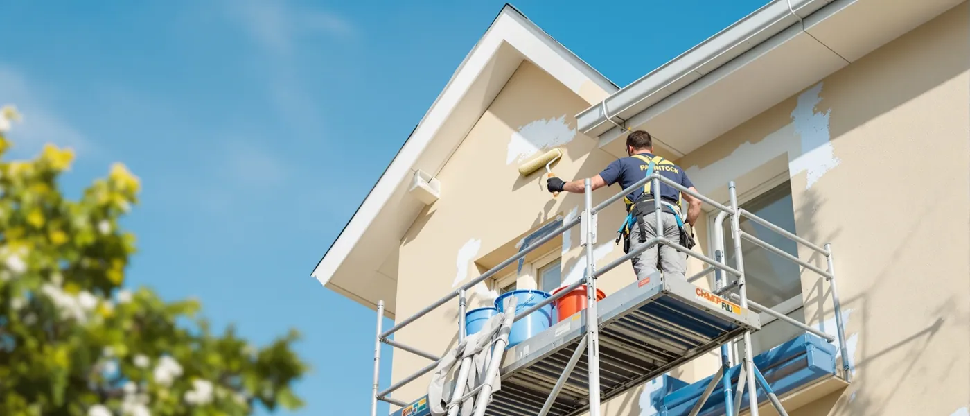 Peintre professionnel sur échafaudage repeignant une façade de maison au Luxembourg