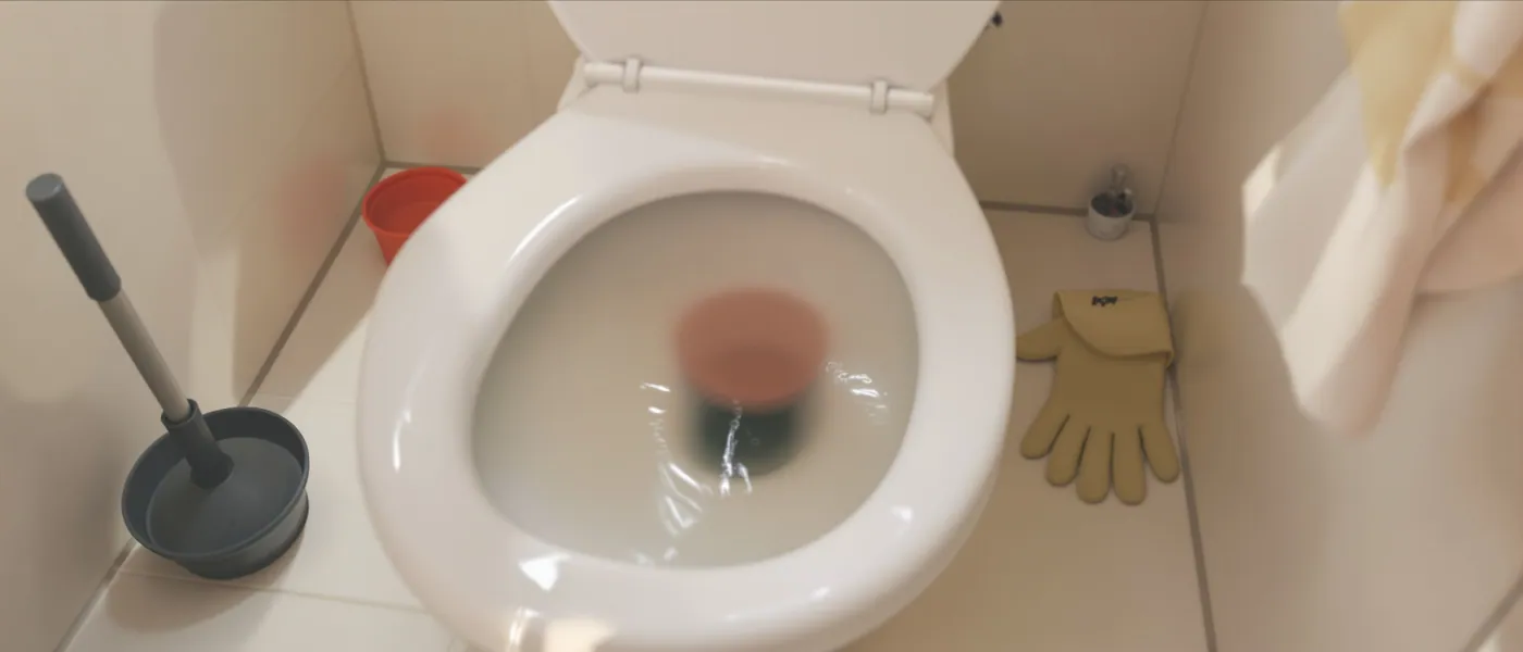 Toilettes bouchées avec l'eau qui monte et une ventouse à proximité au Luxembourg